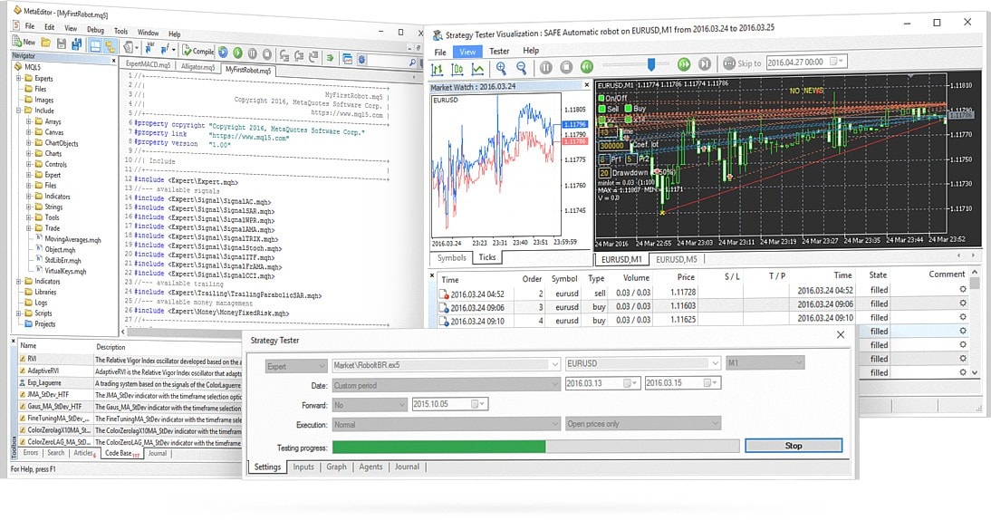 MetaTrader 5 platform showing Expert Advisor code in MetaEditor and automated trading activity in Strategy Tester for EUR/USD.