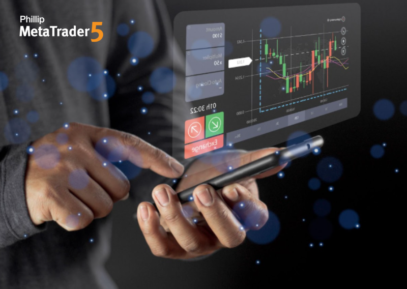 Close-up of a trader using smartphone with holographic candlestick chart for CFD investing indices, mobile stock and forex trading concept.