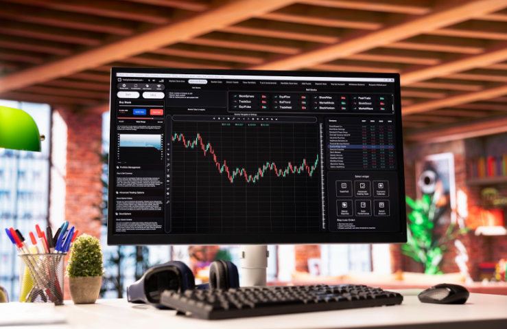 Desktop monitor showing detailed candlestick chart and analytics for CFD trading commodities and CFD ETF trading in modern workspace.