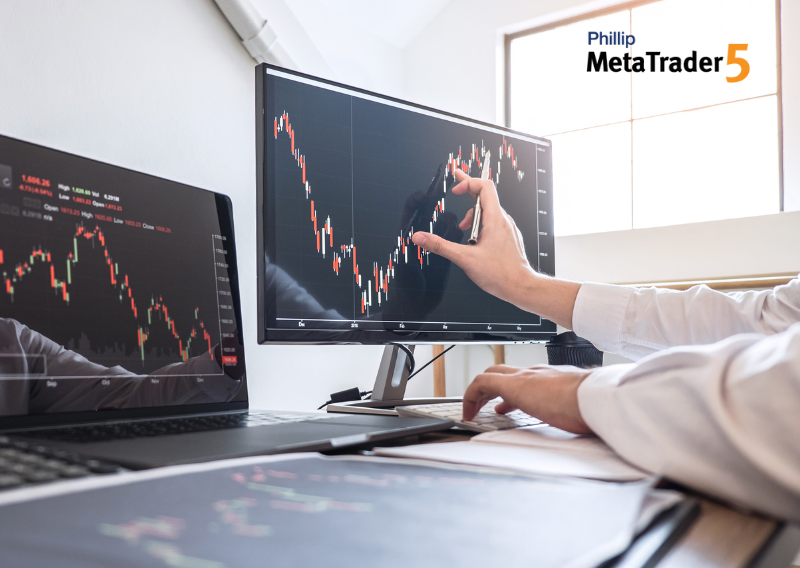 Trader analysing forex chart on dual monitors with Phillip MetaTrader 5 trading platform