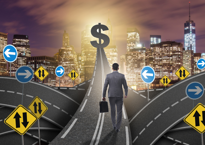Businessman walking towards financial success with dollar symbol and multiple road signs representing trading decisions