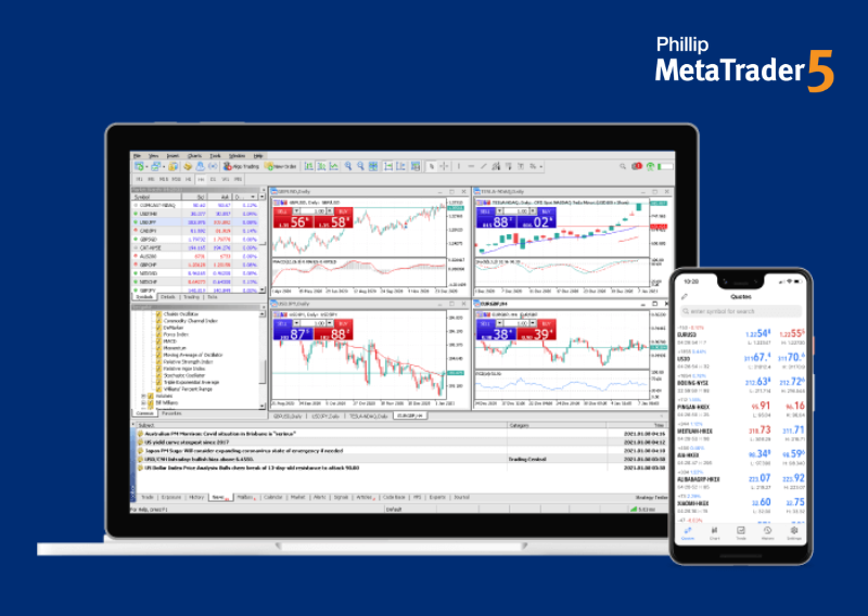 Phillip MetaTrader 5 platform display for low spread brokers and forex spread trading