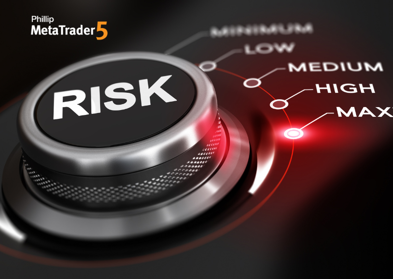 A metallic dial labelled “RISK” with levels from low to max, glowing red at the highest setting, representing rising market risk on the Phillip MetaTrader 5 trading platform.
