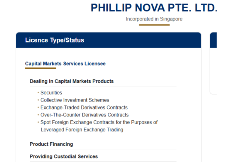 Screenshot of Phillip Nova Pte. Ltd.’s Capital Markets Services Licence page, listing authorised financial services in Singapore