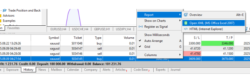 export mt5 reports to excel sheet