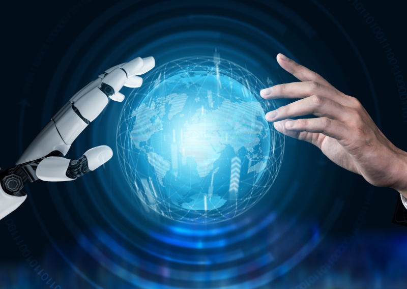 a human hand and robot hand side by side