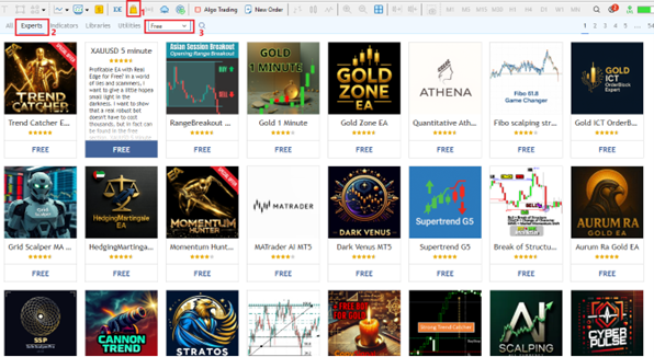 MQL5 community tab showing free sections