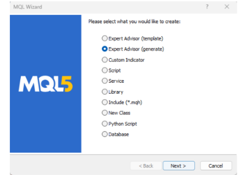 Image showing MQL5 expert advisor with an option to go next or cancel