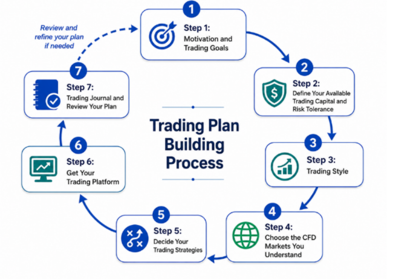 trading plan building process showing step 1 to step 7