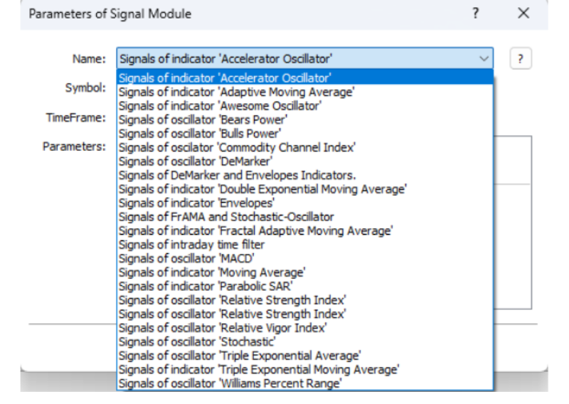 A dropdown menu showing trading signals
